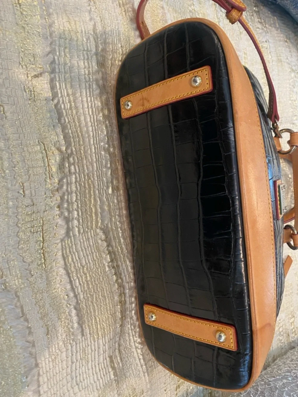 Dooney & Bourke Black Croc-Embossed Satchel with Tan Trim